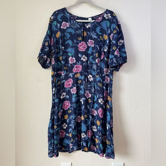 Old Navy Blue Floral Print Puff Sleeve Keyhole Dress Women’s Sz XXL Feminine - Picture 1 of 9